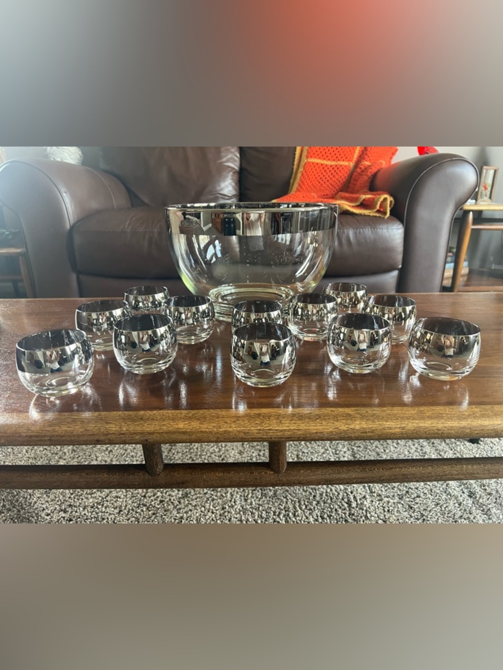 Vintage Dorothy Thorpe Clear Glass Silver Rim Punch Bowl w/ 12 roly poly glasses